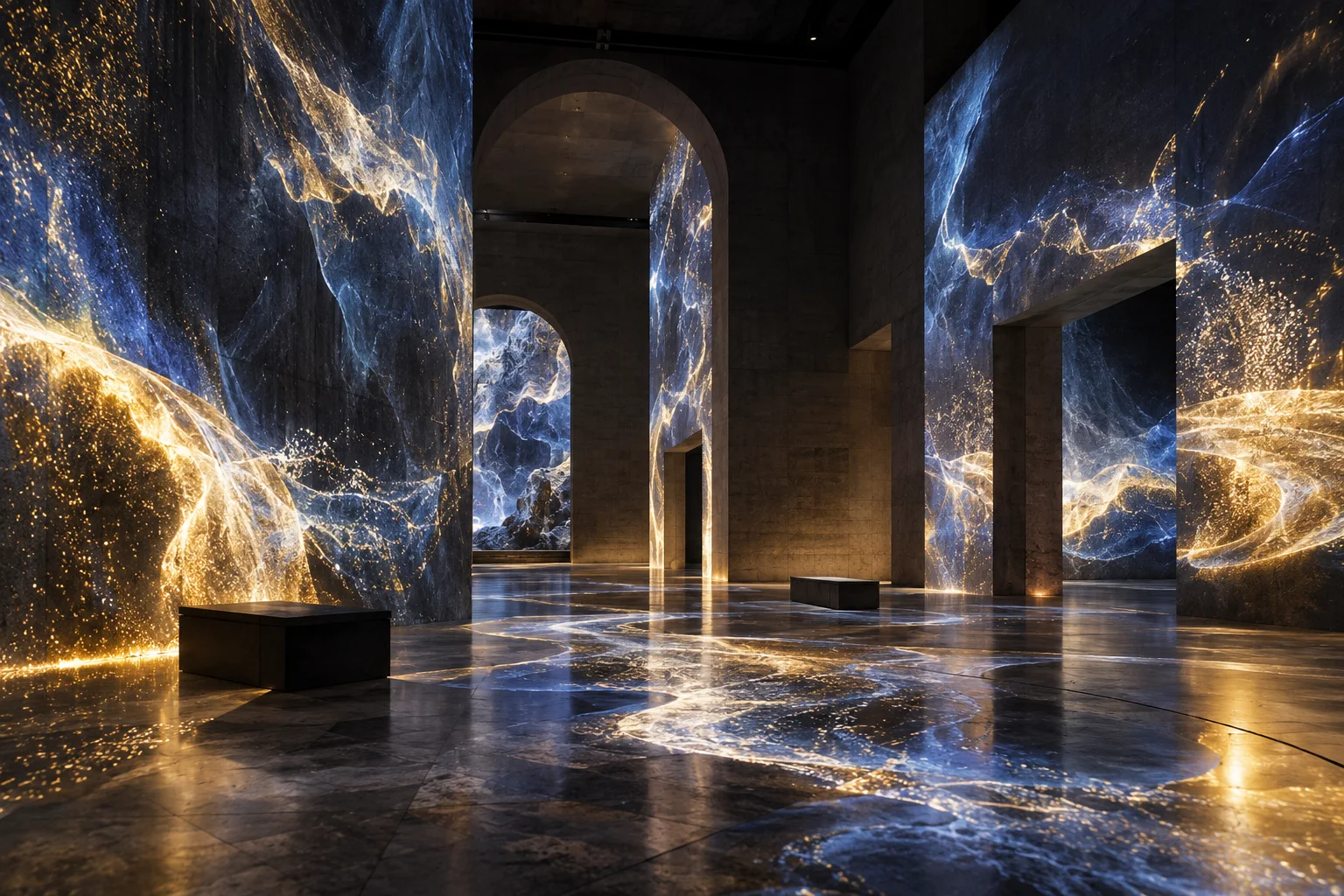 Sala de museo iluminada con proyecciones doradas y azules