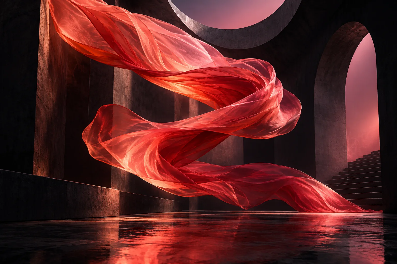 Cinta roja translúcida en un espacio arquitectónico oscuro